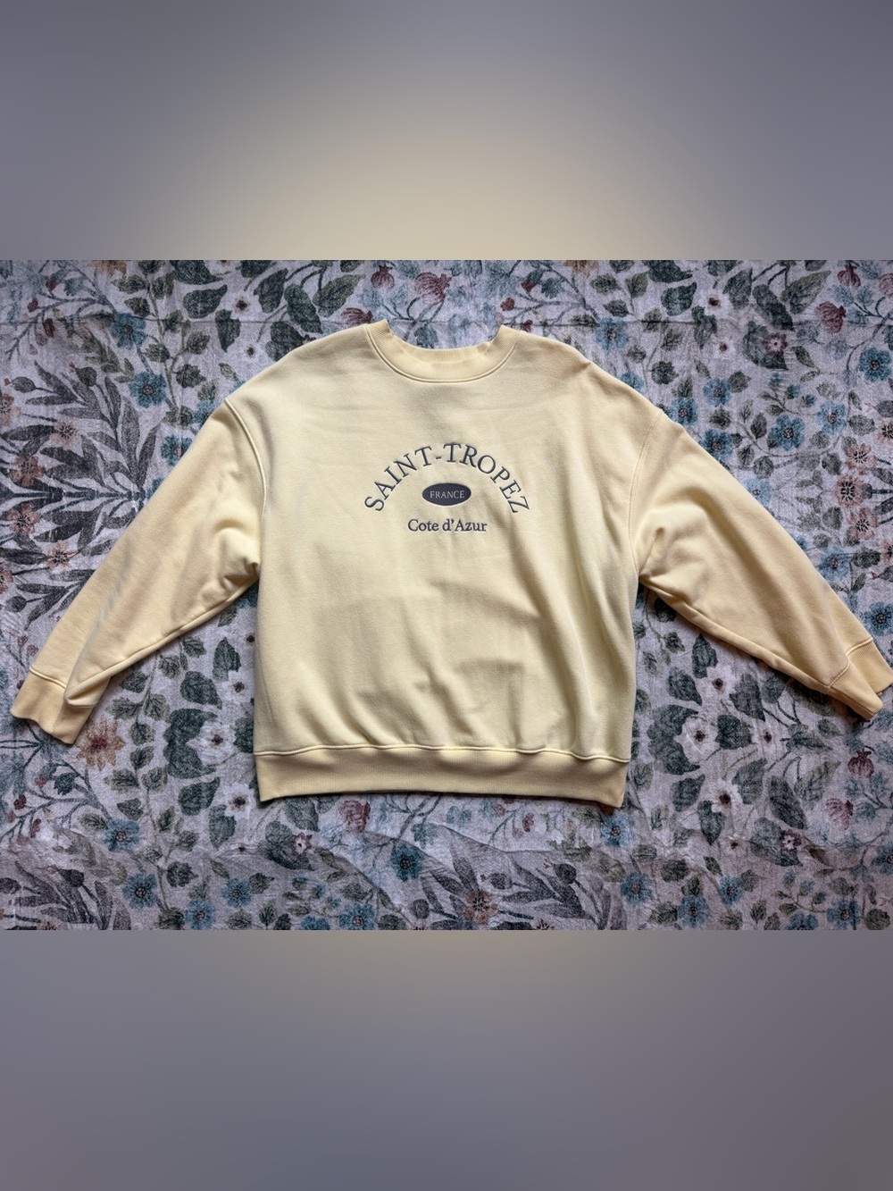 wild fable women’s Pale Yellow Crewneck Sweatshirt with Navy Saint-Tropez Script